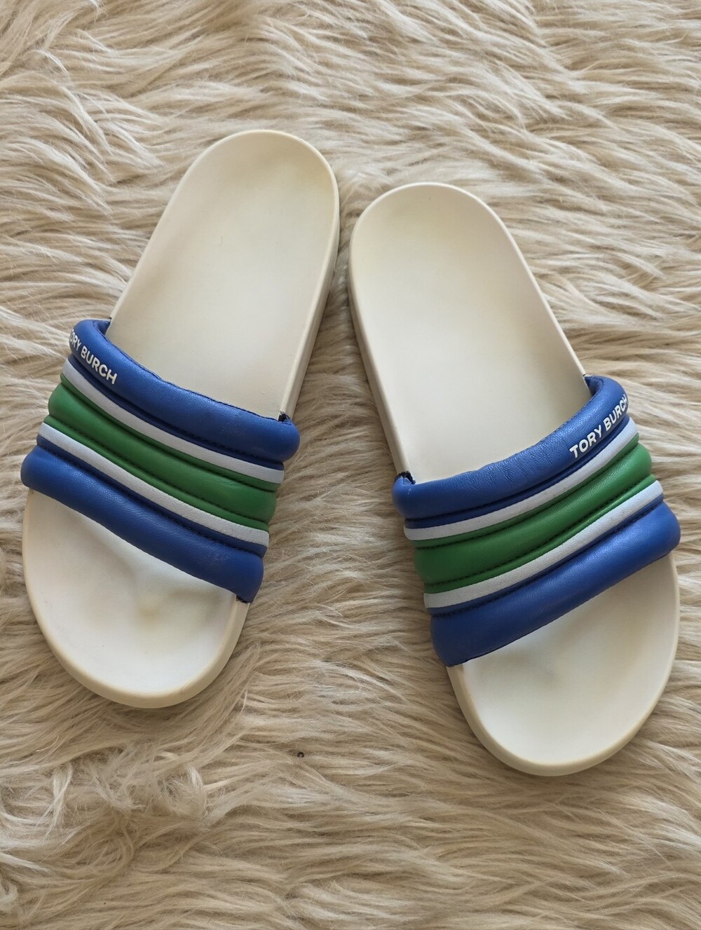 Tory Burch Nappa Leather Striped Slide Sandals Nondi Blue/Court Green/Classic 9